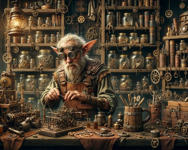 Elderly gnome crafting mechanical contraption in workshop