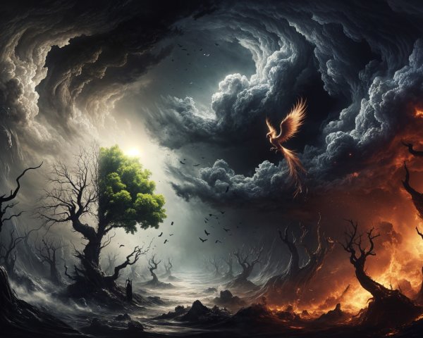 Dramatic Scene of Light and Darkness with Phoenix Symbol