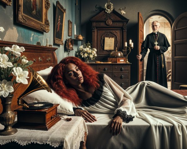 Woman in White Nightgown in Vintage Room with Clergy