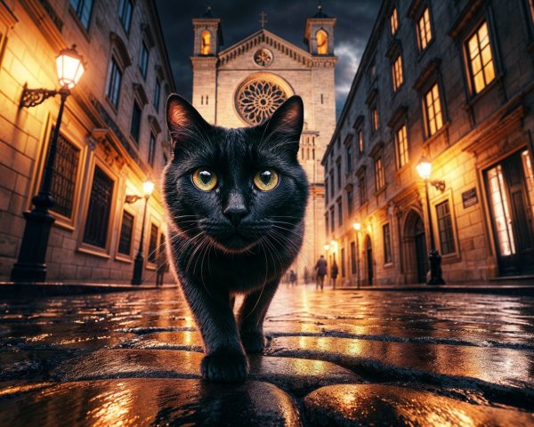 Black Cat Walking on Cobblestone Street at Night