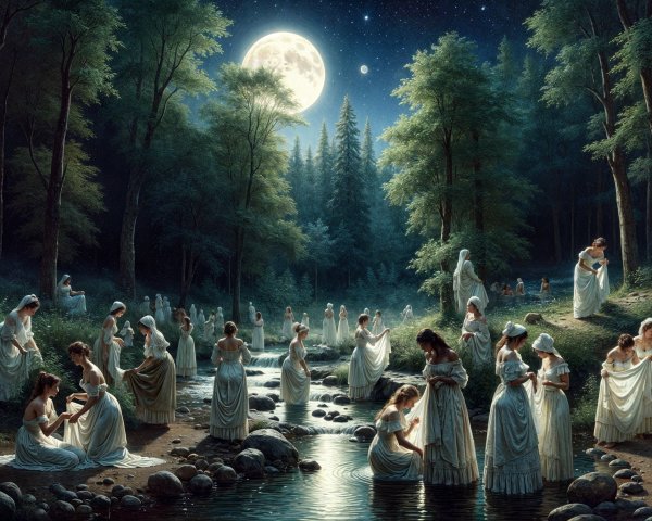 Ethereal Figures in White Gowns by Moonlit Stream
