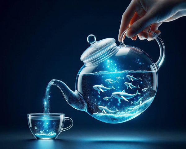 White Hand Holding Translucent Teapot with Glowing Liquid