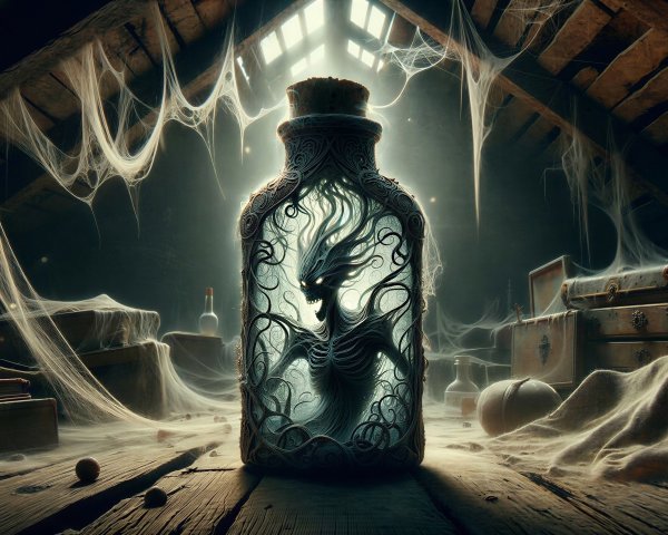Gray-Black Monster in Glass Bottle on Attic Floor