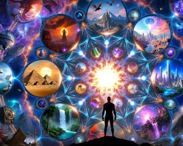 Cosmic Mandala Artwork with Silhouetted Figure