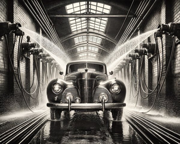 Vintage Car in Dimly Lit Warehouse with Misty Atmosphere
