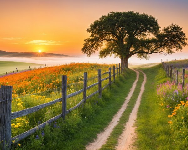 Dawn Landscape with Winding Path and Wildflowers