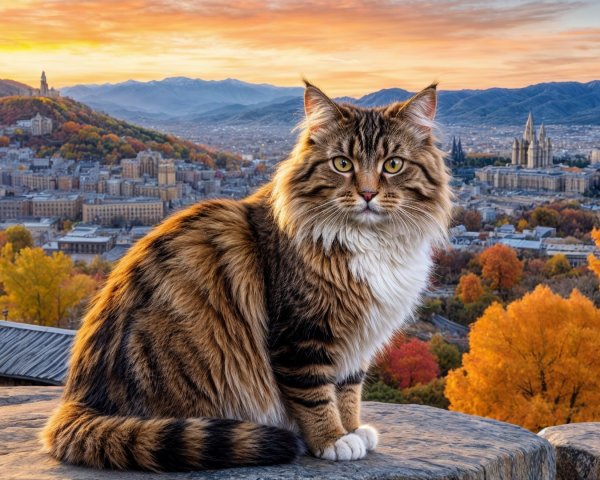 Fluffy Cat on Rocky Ledge Overlooking Autumn Landscape
