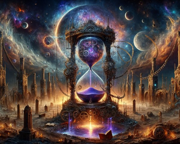 Surreal Landscape with Cosmic Hourglass and Ruins