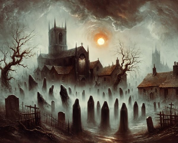 Haunting Graveyard Landscape with Ghostly Figures