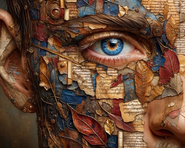 Close-up of a face made from mixed materials and leaves