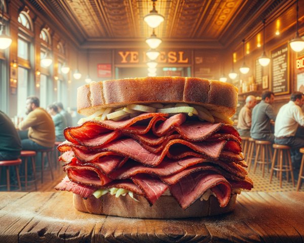 Pastrami Sandwich in Cozy Retro Diner Setting