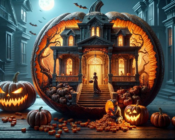 Haunted House Pumpkin Carving with Halloween Details
