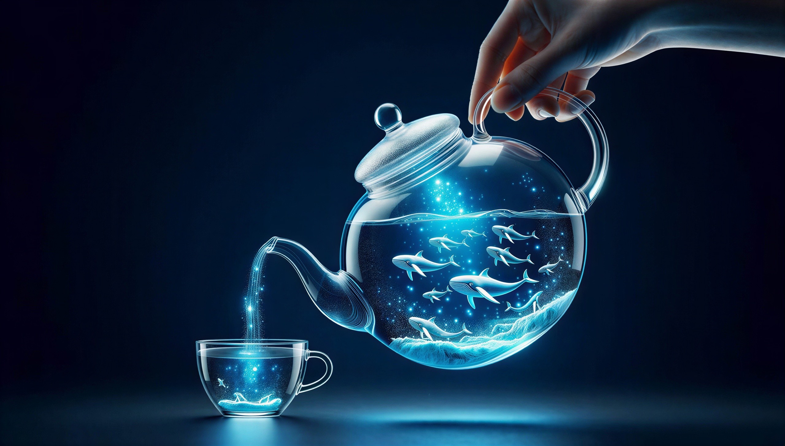 White Hand Holding Translucent Teapot with Glowing Liquid