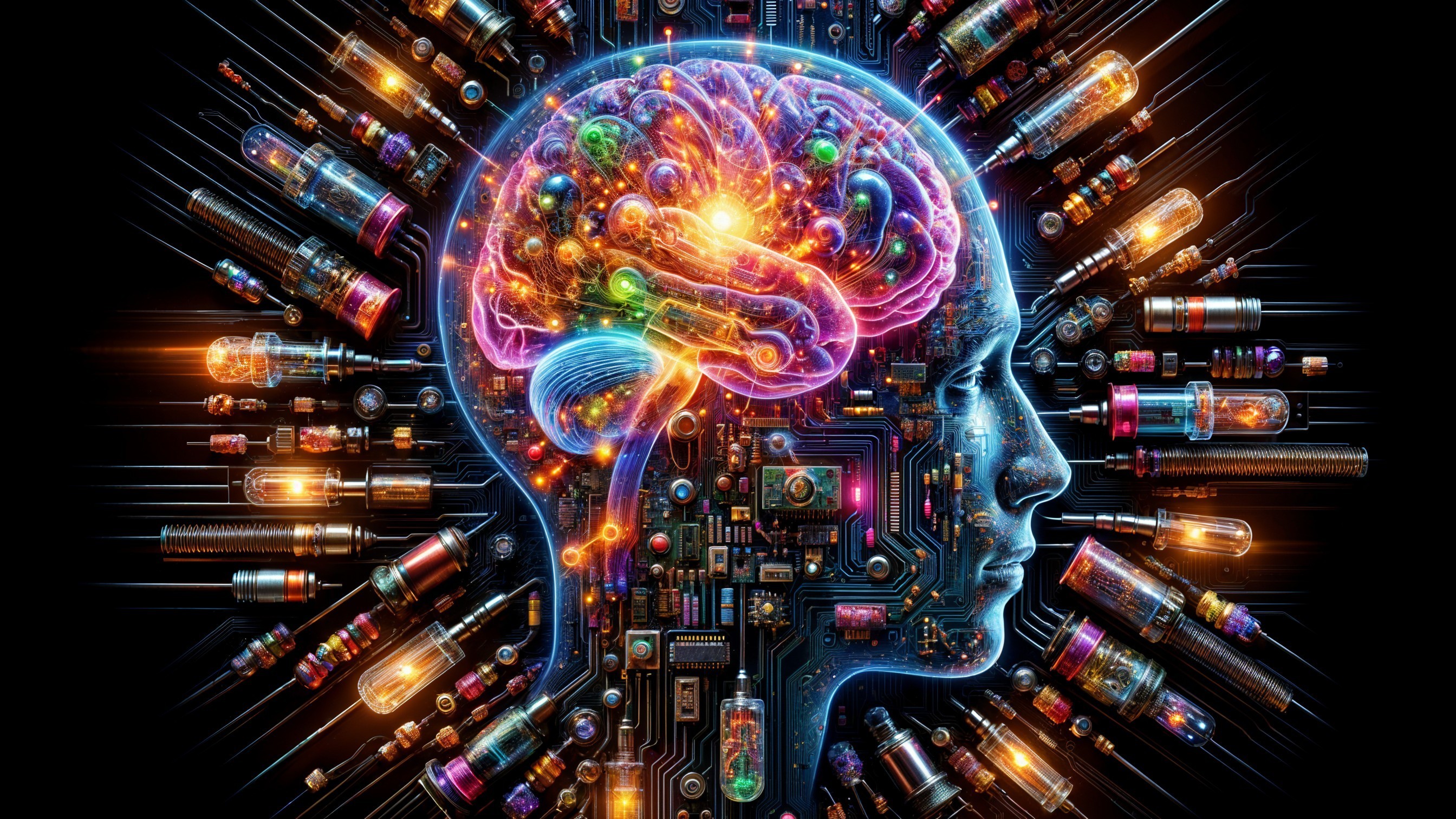 Futuristic Human Head with Circuitry and Colors