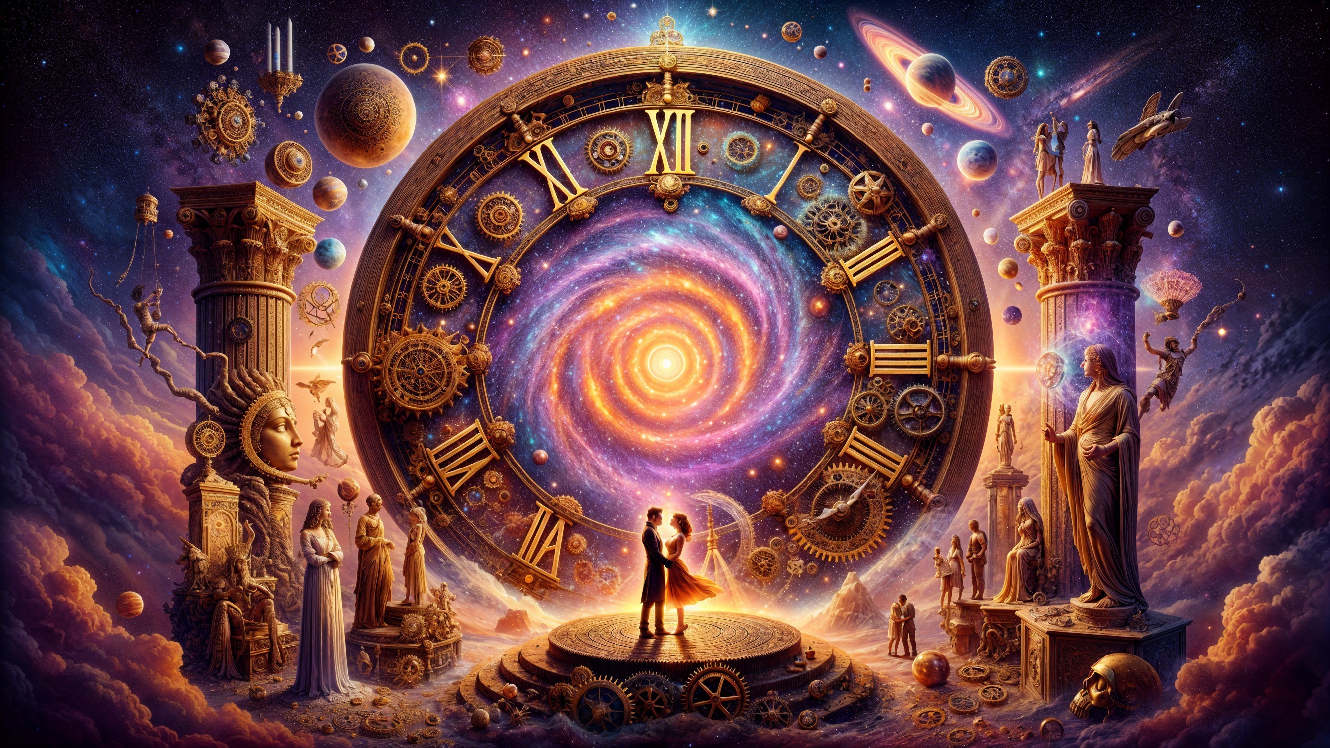 Cosmic Clock and Embracing Couple in Galaxy Scene