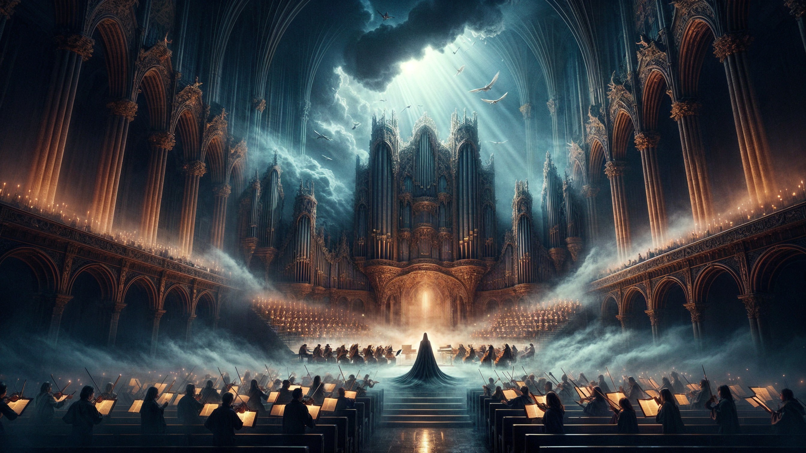 Ornate Hall with Ethereal Light and Orchestra