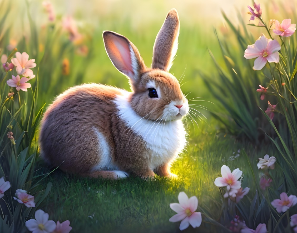Brown and white rabbit in a green meadow with flowers