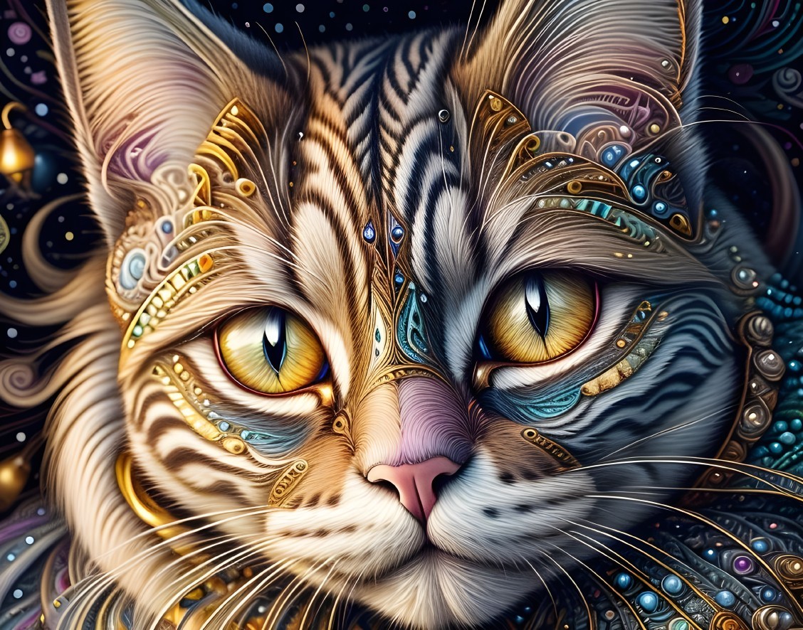 Close-Up of a Colorful Tabby Cat with Cosmic Background