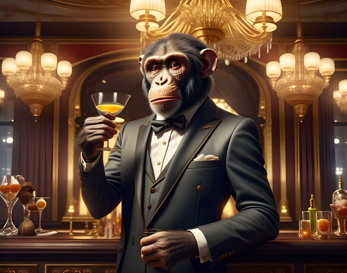 Dapper Monkey in Tuxedo at Elegant Bar Setting