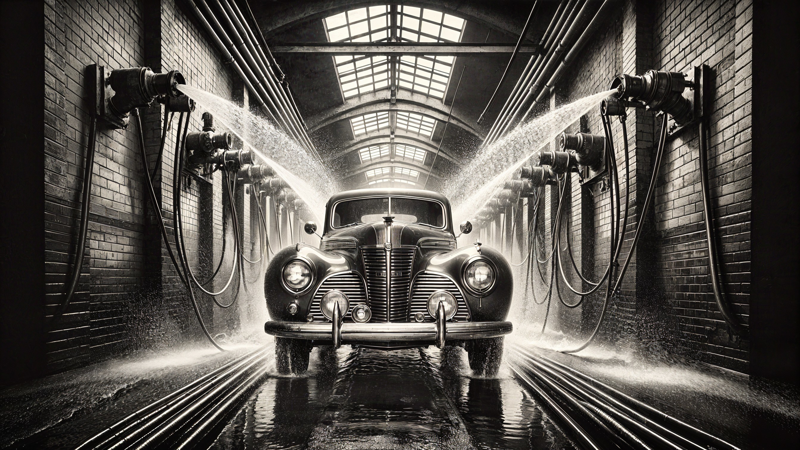 Vintage Car in Dimly Lit Warehouse with Misty Atmosphere
