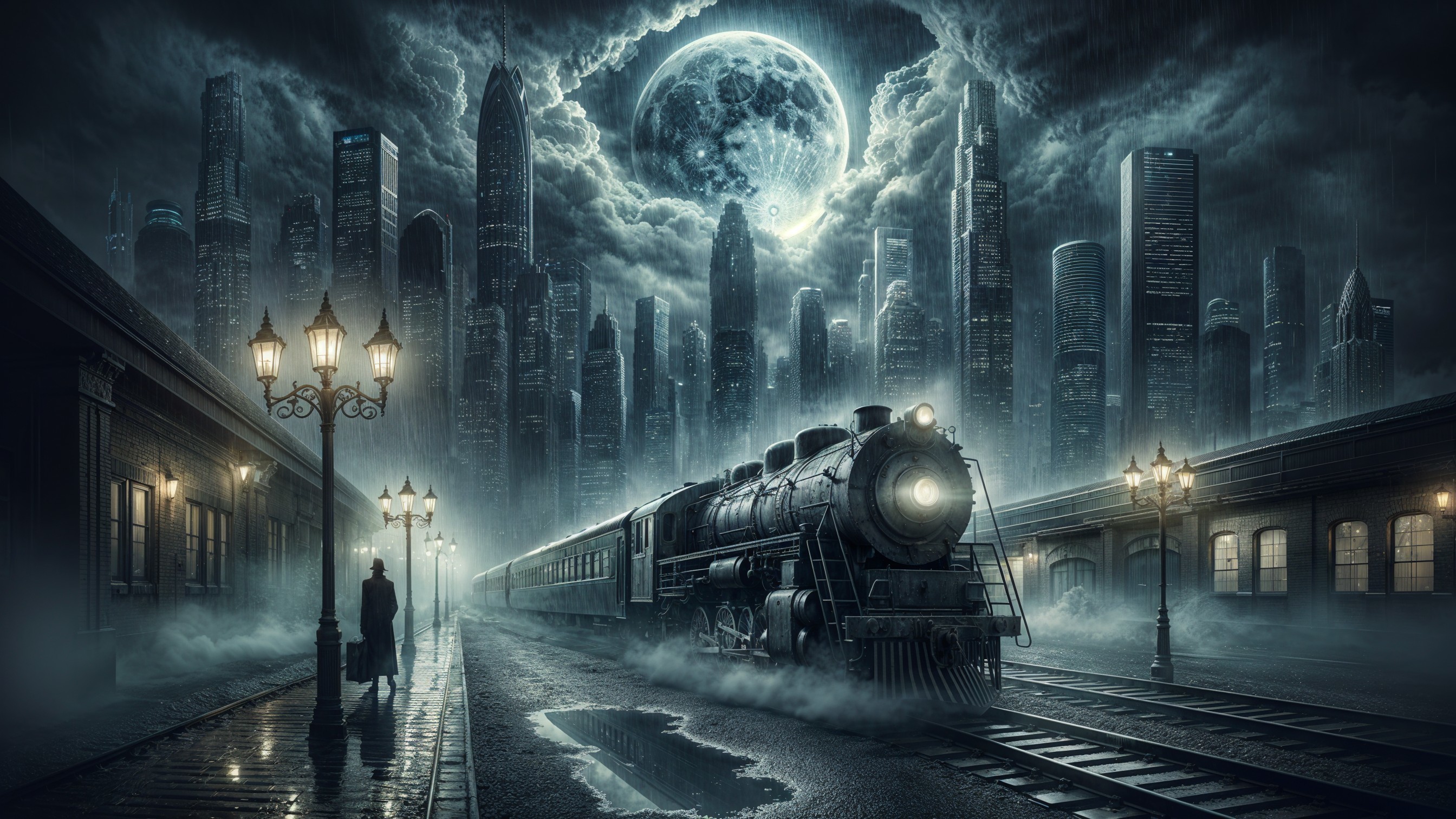 Vintage steam train on misty platform with skyscrapers