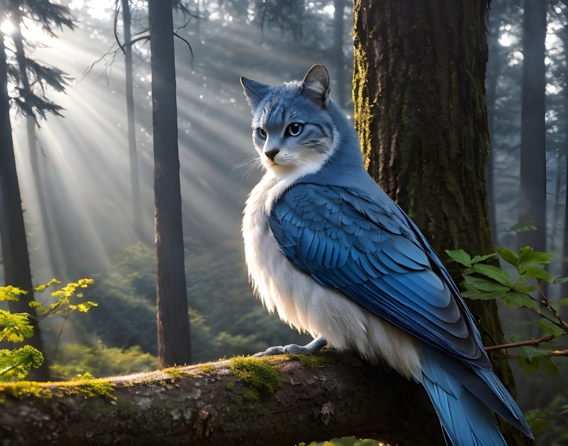 Digital Artwork of a Cat-Bird Hybrid in a Forest