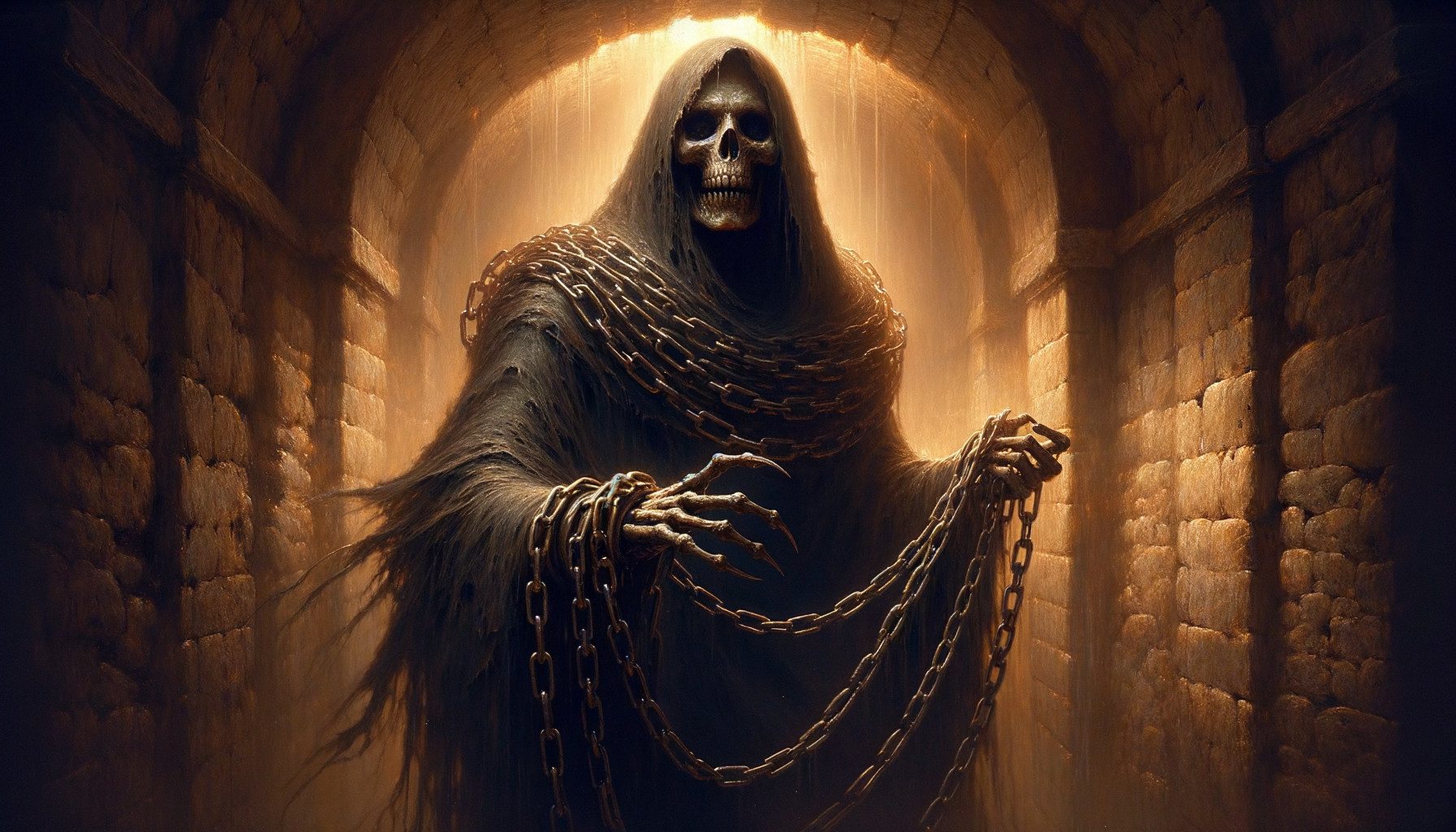 Ominous figure in cloak with skull face and chains
