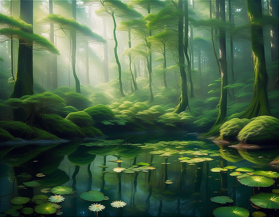 Serene forest scene with lush greenery and pond
