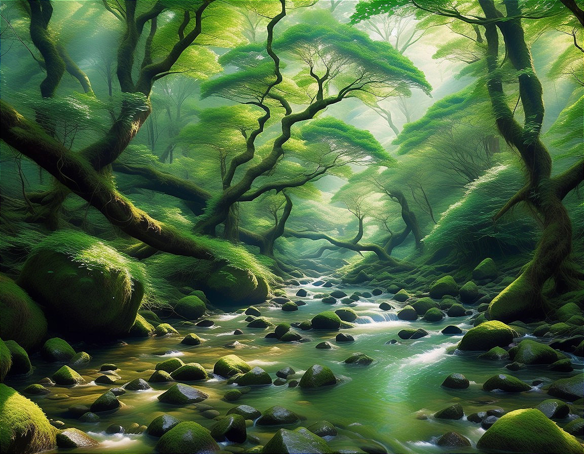 Serene Forest Scene with Lush Greenery and Stream