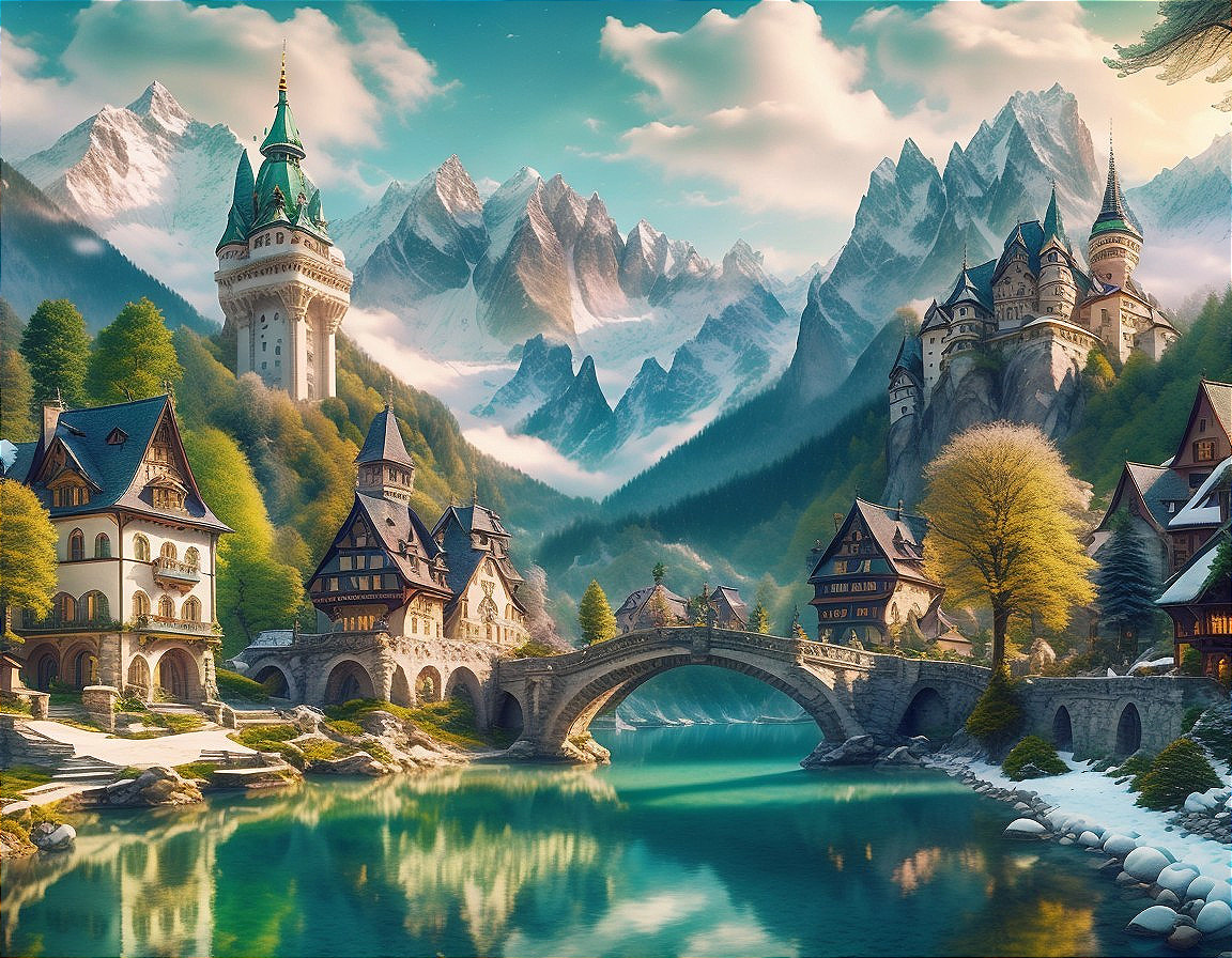 Fairy-Tale Landscape with River and Majestic Alps