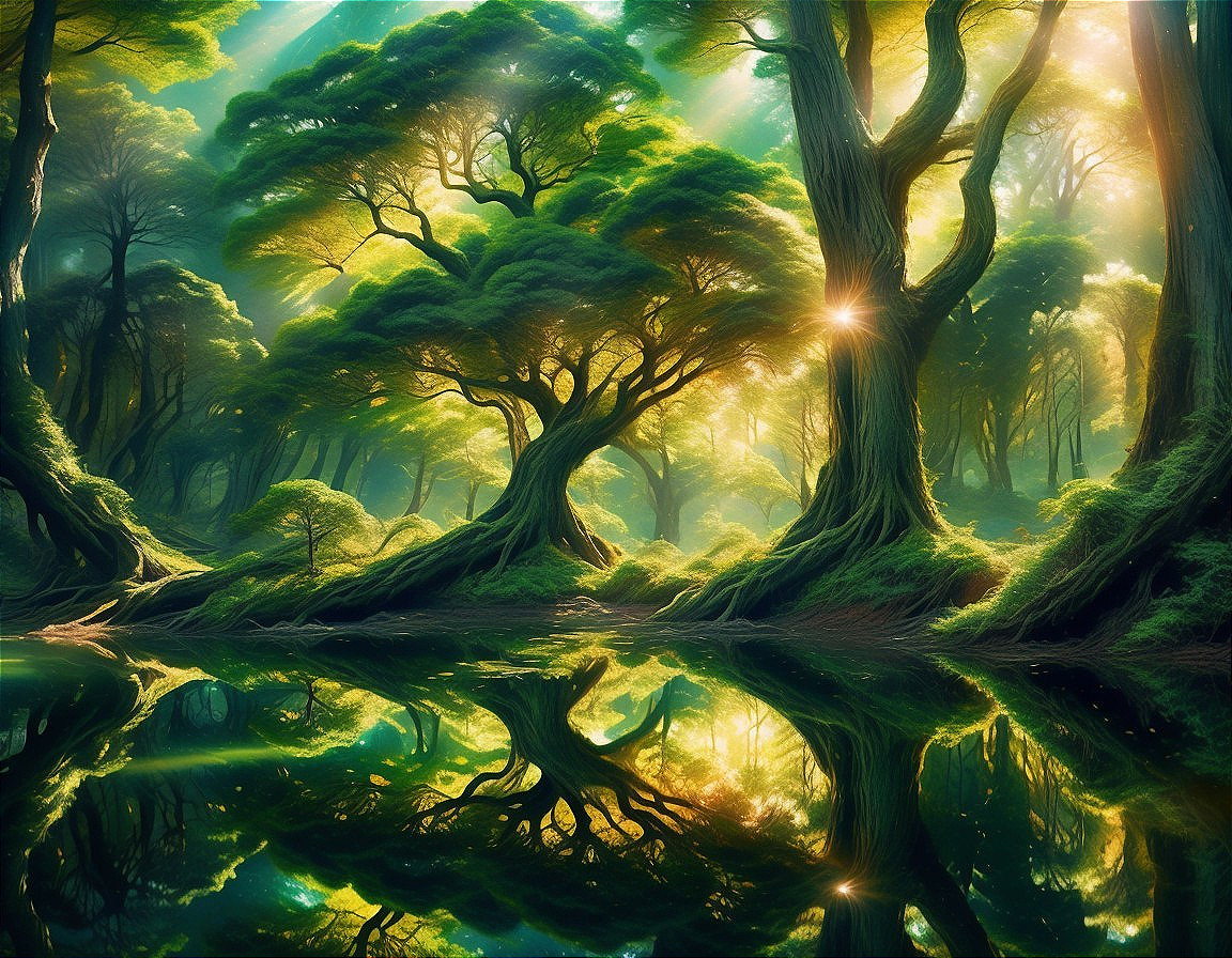 Majestic Trees and Serene Pond in Vibrant Forest