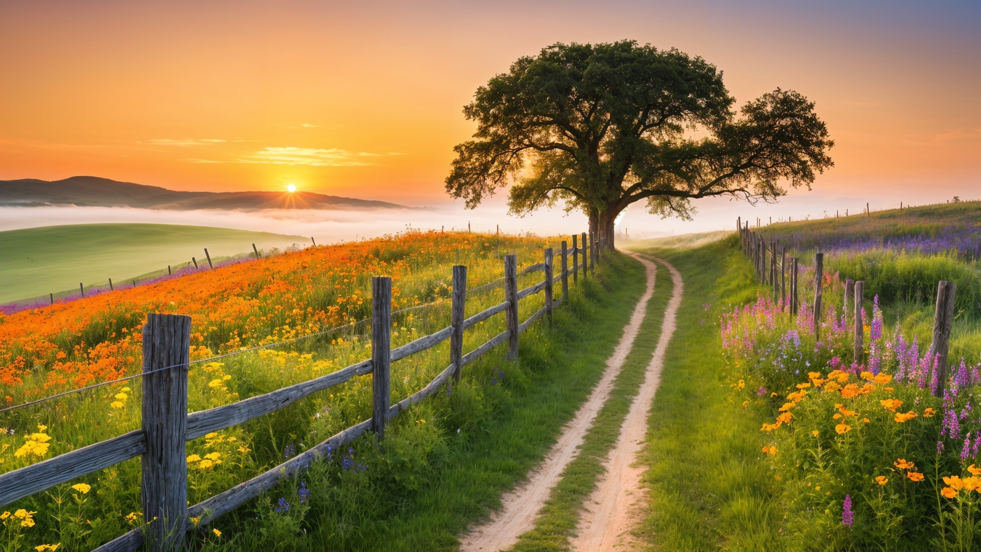 Dawn Landscape with Winding Path and Wildflowers