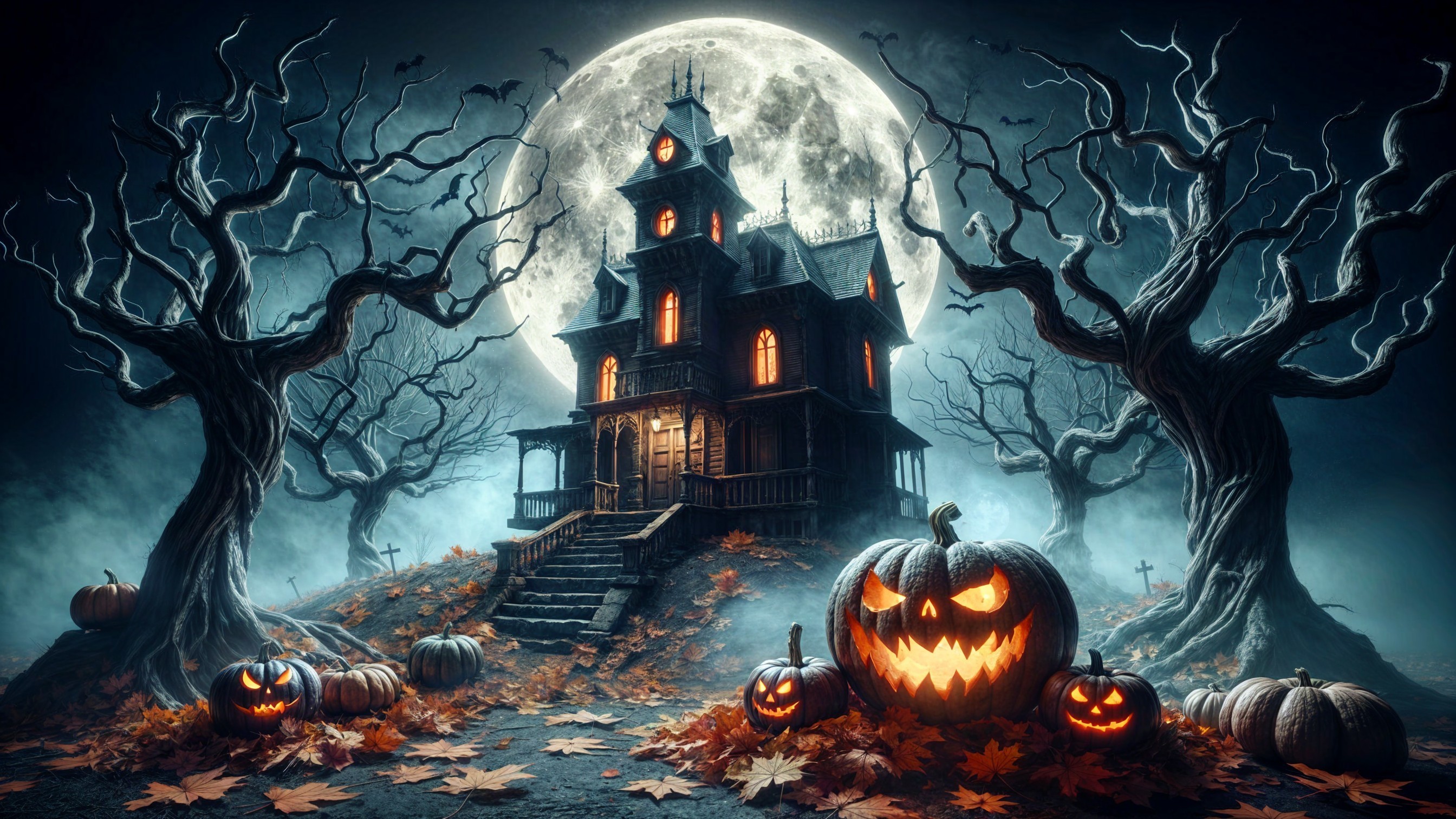 Haunted House Scene with Moonlit Atmosphere and Pumpkins