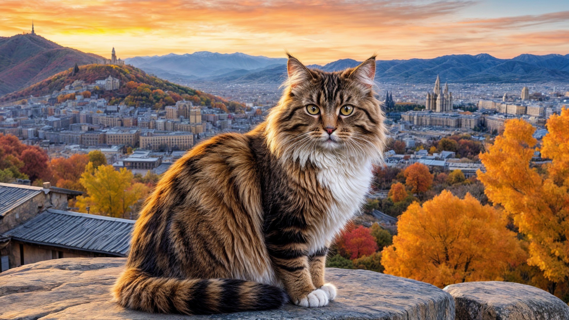 Fluffy Cat on Rocky Ledge Overlooking Autumn Landscape