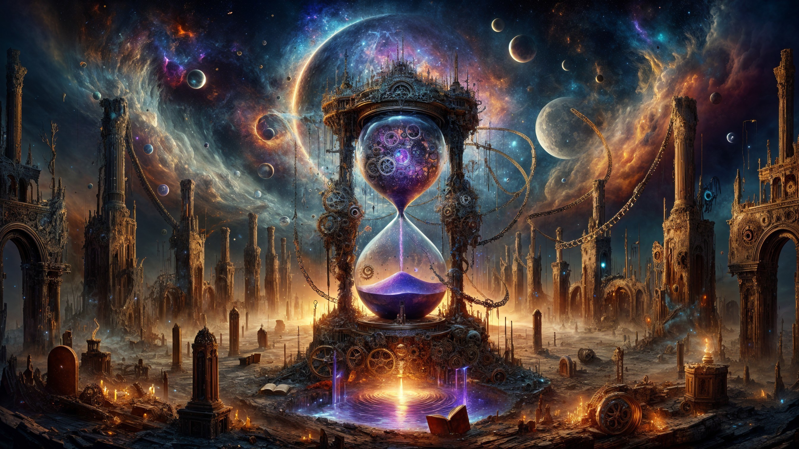Surreal Landscape with Cosmic Hourglass and Ruins