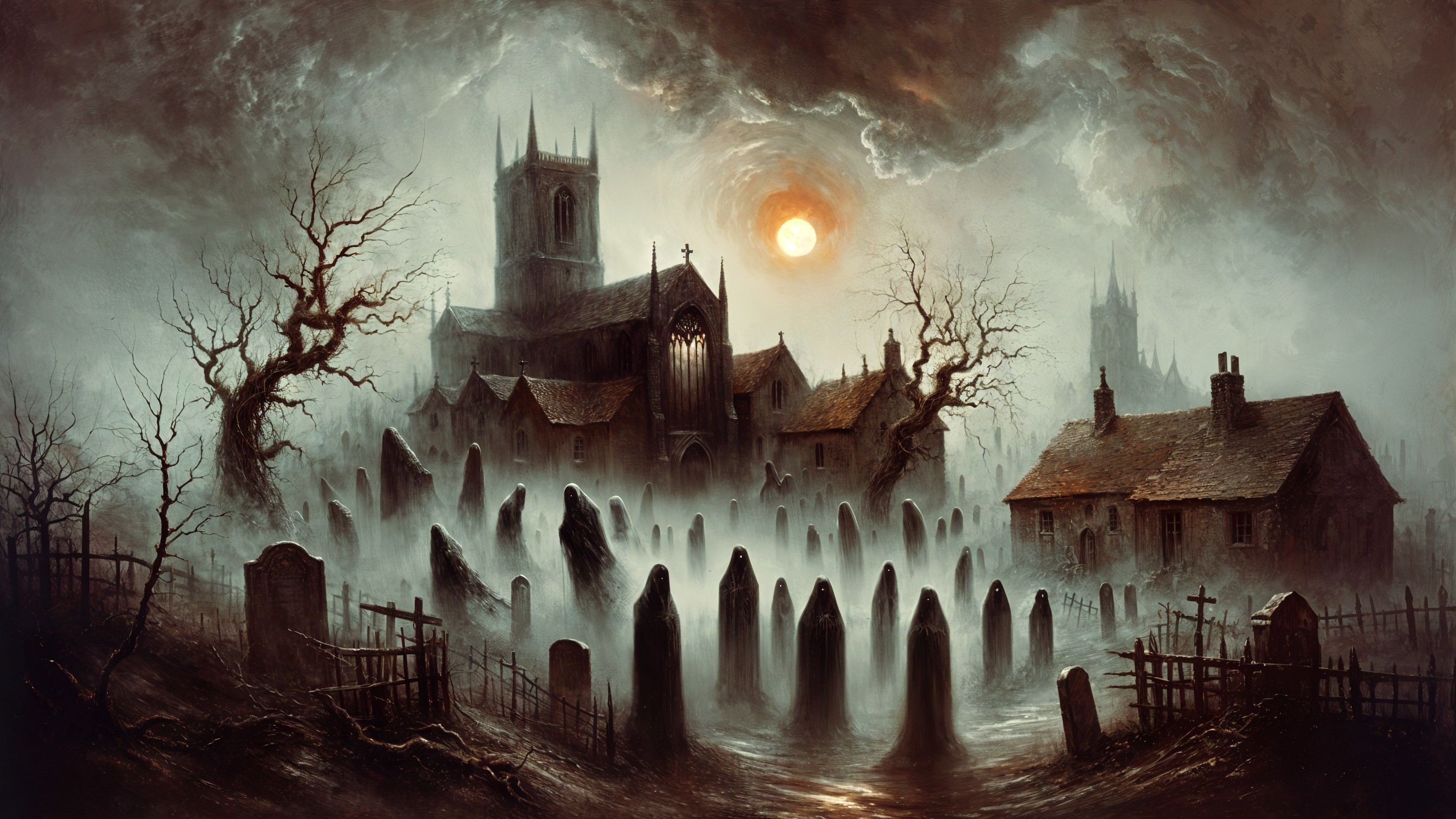 Haunting Graveyard Landscape with Ghostly Figures