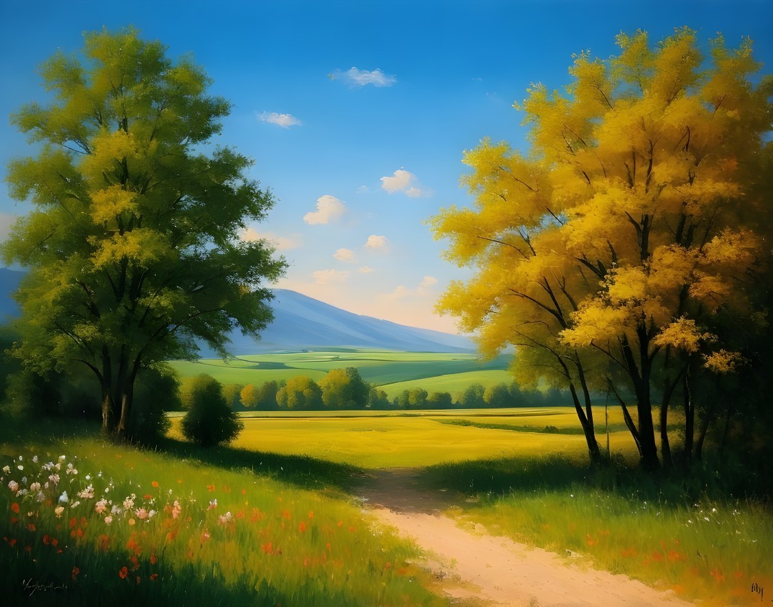 Vibrant Yellow Trees Along a Winding Dirt Path