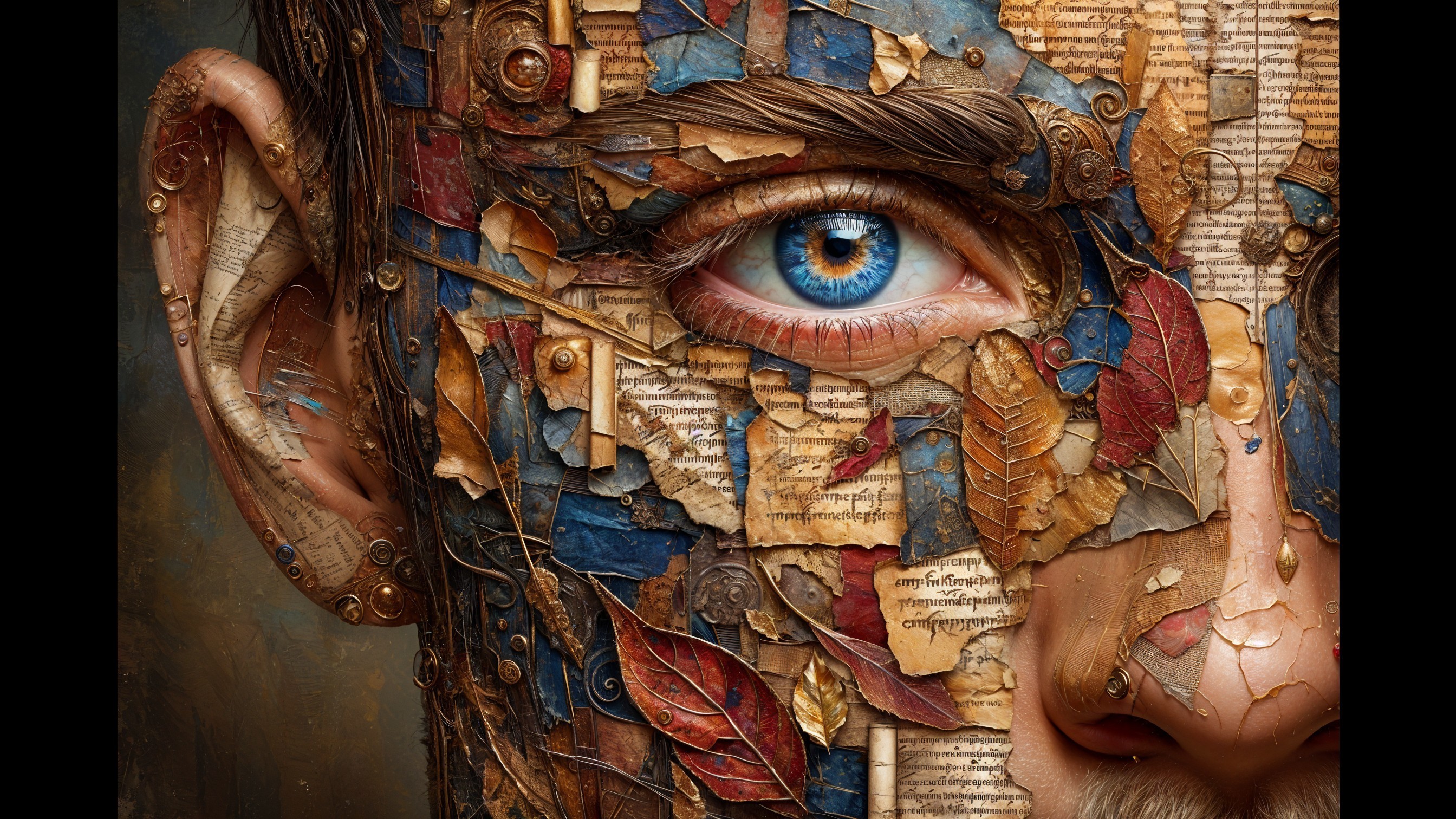Close-up of a face made from mixed materials and leaves