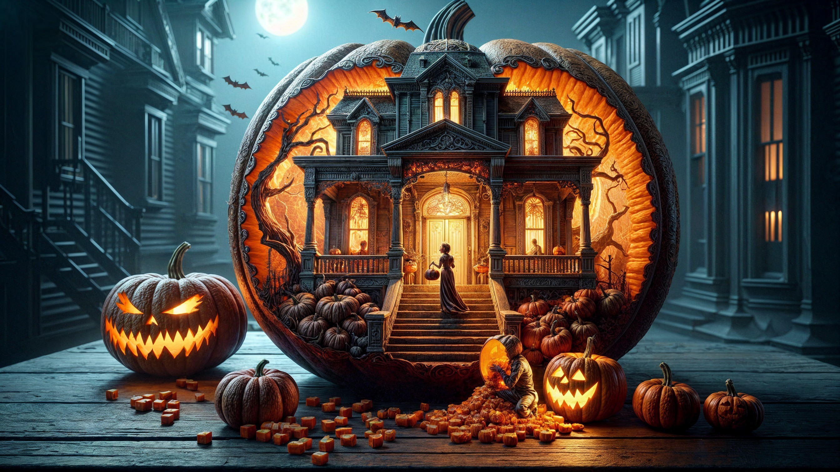 Haunted House Pumpkin Carving with Halloween Details