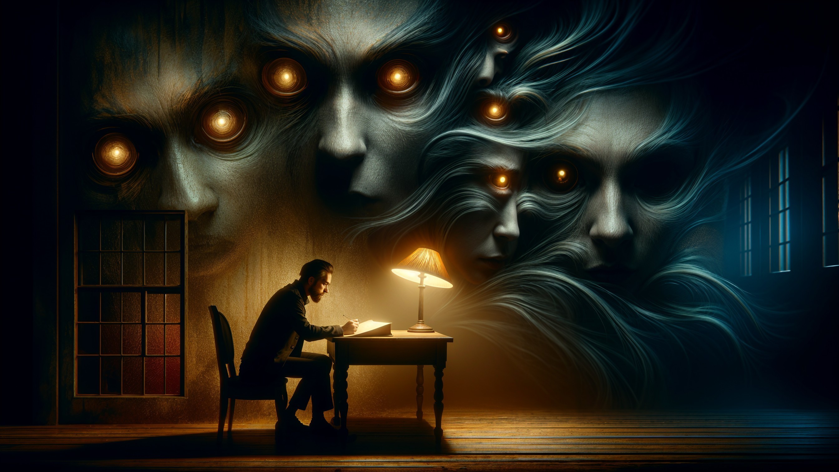 Solitary Figure Writing in Dimly Lit Room with Shadows