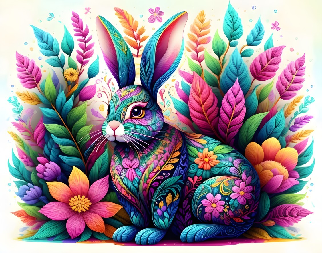 Vibrant Rabbit Surrounded by Colorful Foliage and Flowers