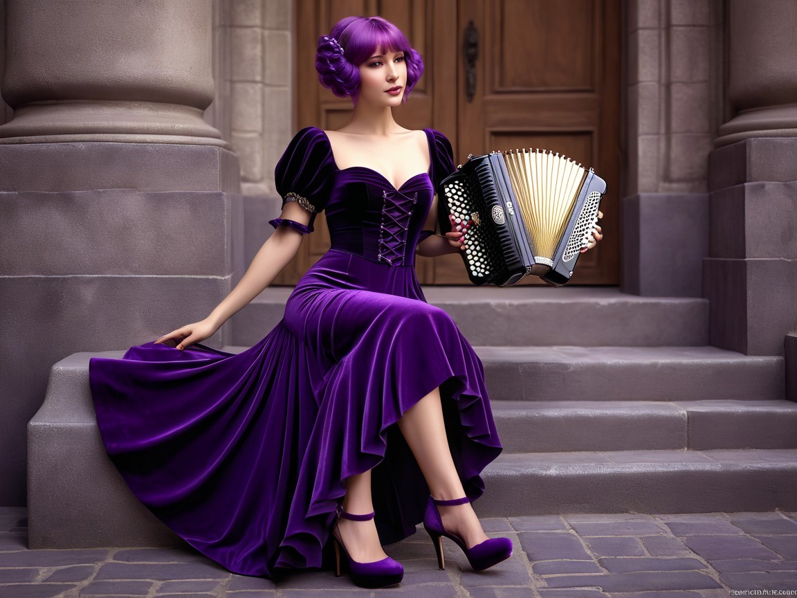 Elegant Woman in Purple Gown with Accordion on Steps