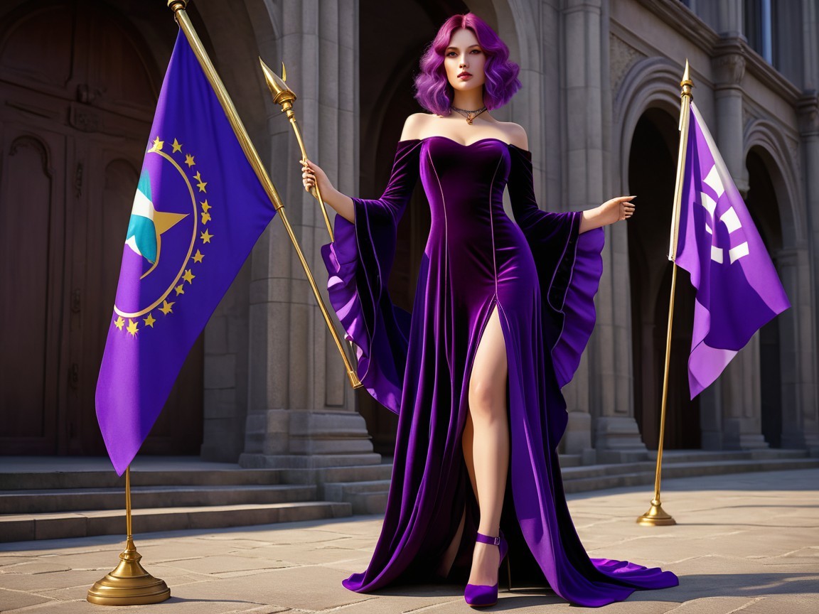 Confident figure in purple gown with spear and flags