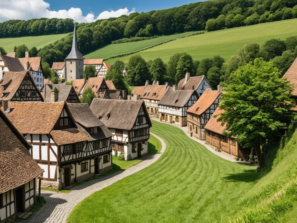 Charming Village with Half-Timbered Houses and Hills