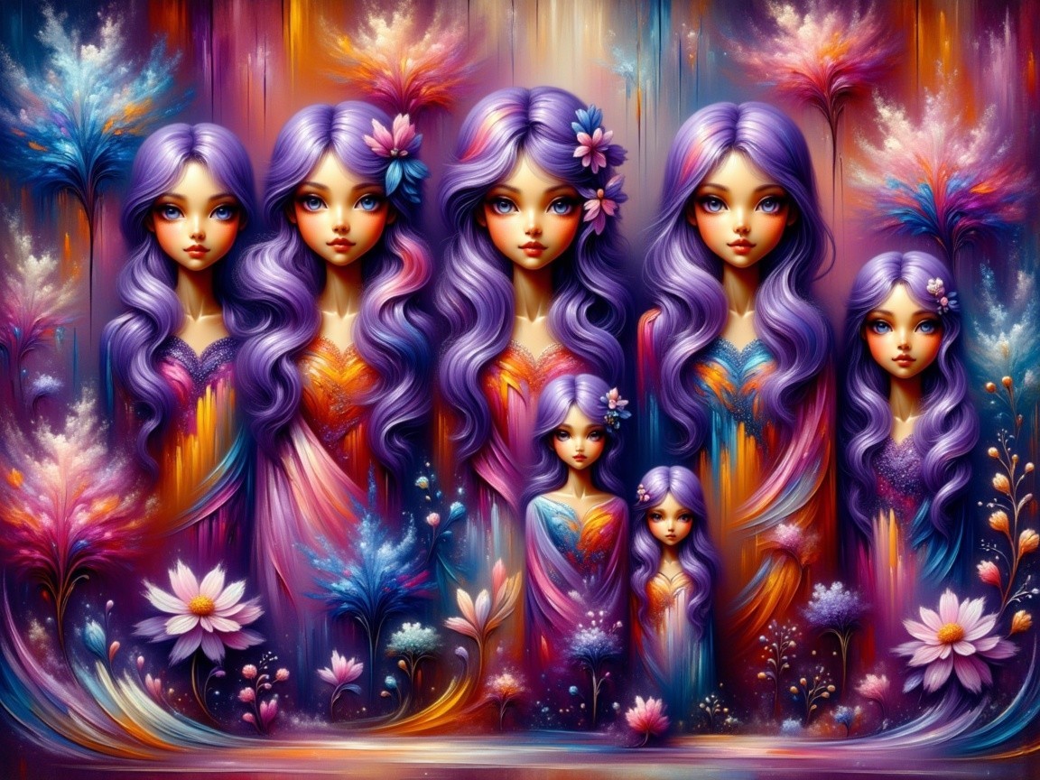 Vibrant Scene of Ethereal Female Figures and Flowers