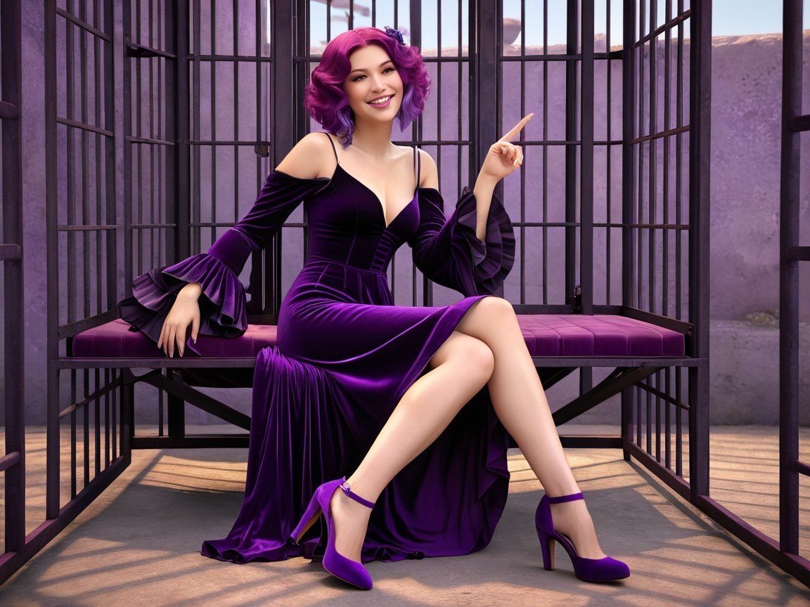 Woman in purple dress poses in modern cage structure