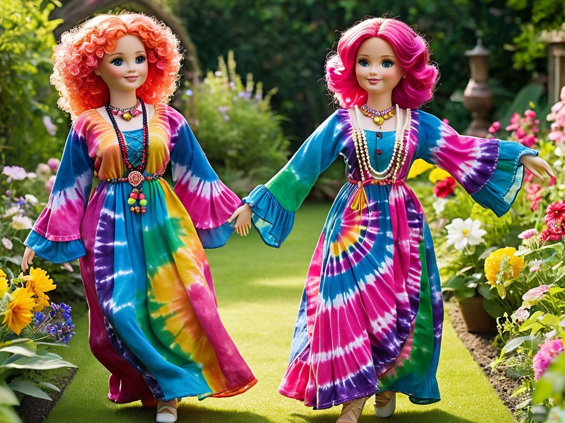 Dolls in Colorful Dresses Strolling Through a Garden