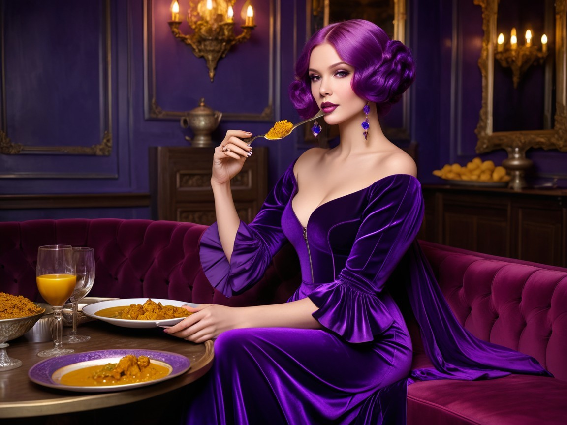 Elegant Woman in Purple Gown at Lavish Dining Table