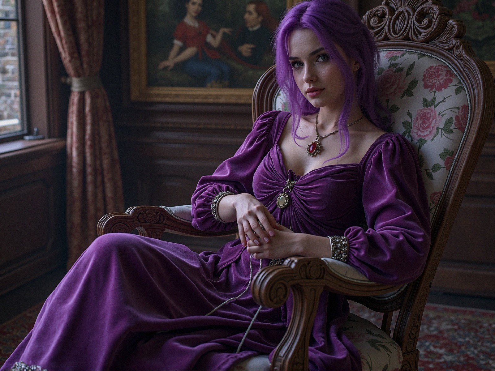 Young Woman in Purple Dress in Elegant Setting