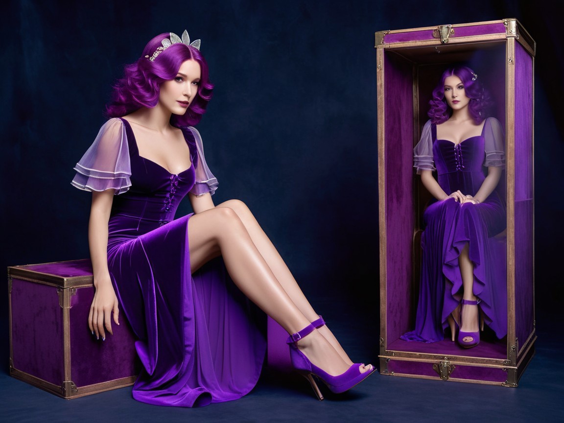 Elegant Model in Purple Gown with Sheer Sleeves
